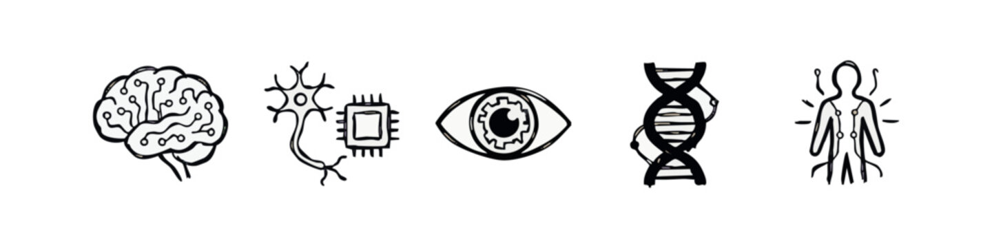 Hand-Drawn Biotech and Transhumanism Icons in Black Ink