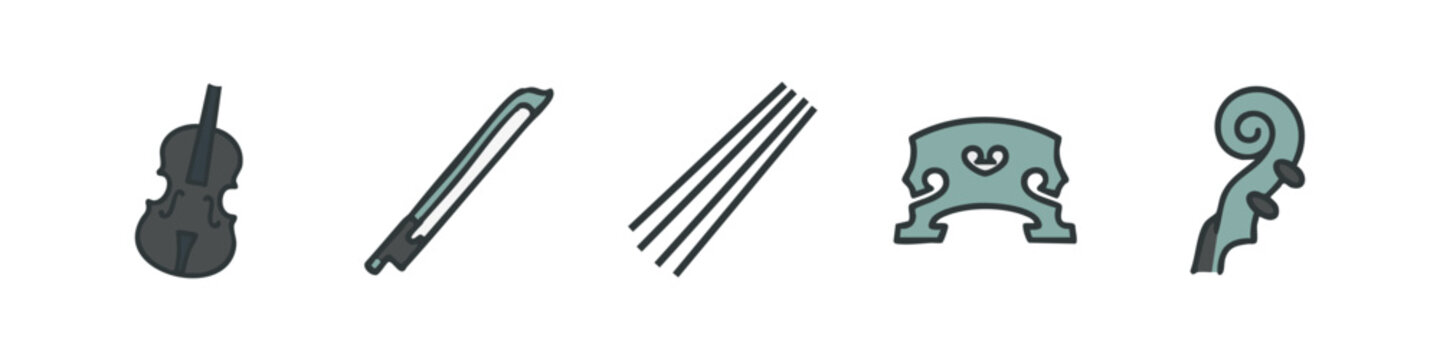 Colored Classical Music Instrument Icon Set Representing Violin Bow Strings and Bridge