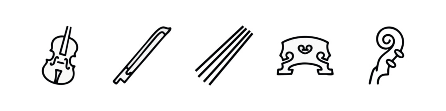 Clean Outline Violin Anatomy Icon Set with String Instrument Parts and Musical Accessories