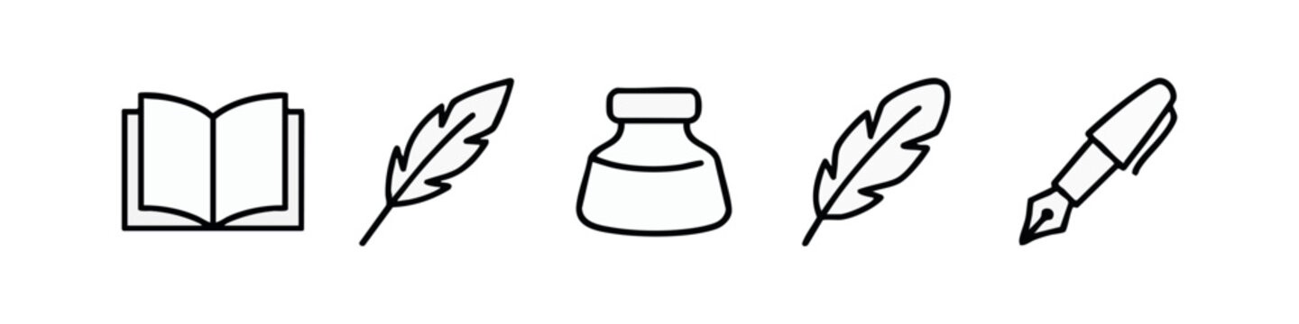 Modern Outline Writing Tools Icon Set Featuring Notebook Feather Pen and Ink Bottle Symbols
