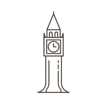line drawing of a clock tower with a pointed roof and a clock face