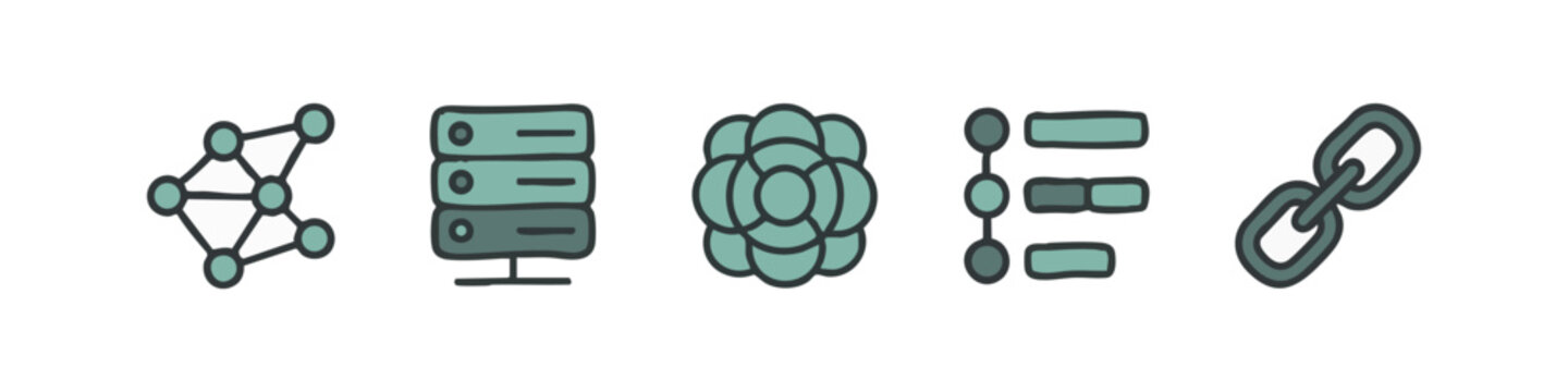 Colored Technology and Digital Network Icon Set Featuring Teal Server and Connection Chain