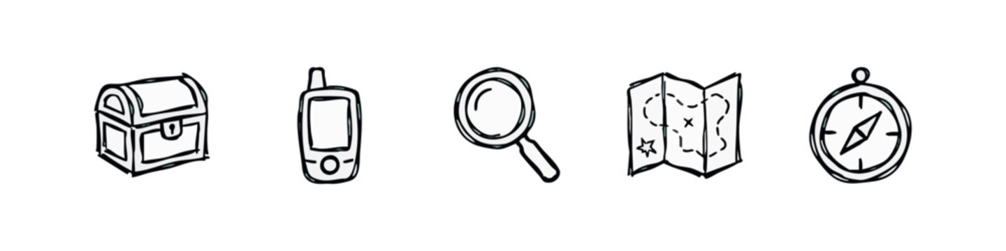 Doodle Icons: Treasure Chest, GPS Device, Magnifying Glass, Map, Compass