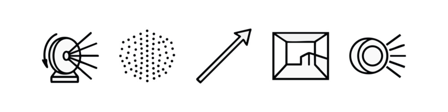 Line art icons: radar dish, dots pattern, arrow, 3D box, and spotlight.