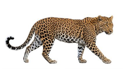 Naklejka premium Full body side view of a majestic leopard walking isolated on transparent background