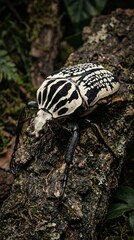 Obraz premium Goliath beetle striped white and black insect on tree bark in jungle