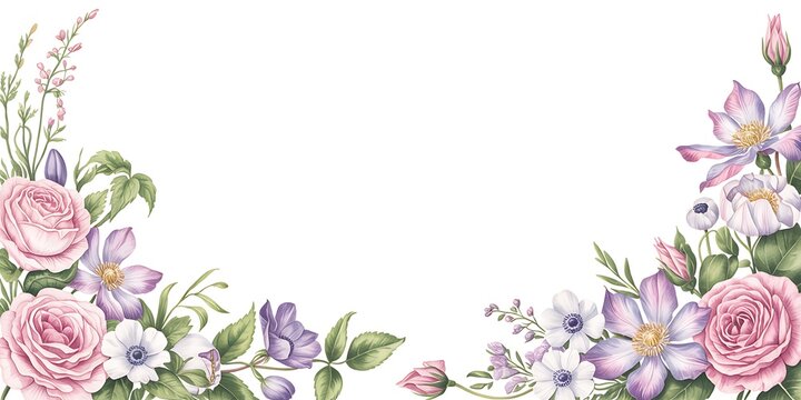 Watercolor floral border with pink roses and white flowers