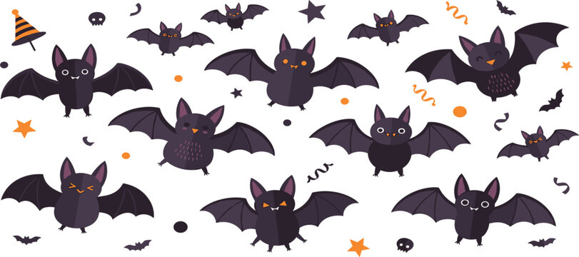 Cute Halloween Bat Set with Flying Cartoon Bats Spooky Night Characters Vector Collection