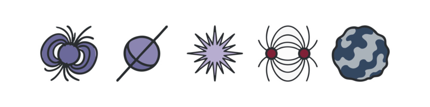 Cosmic Physics and Astronomy Colored Icons Set in Hand Drawn Style
