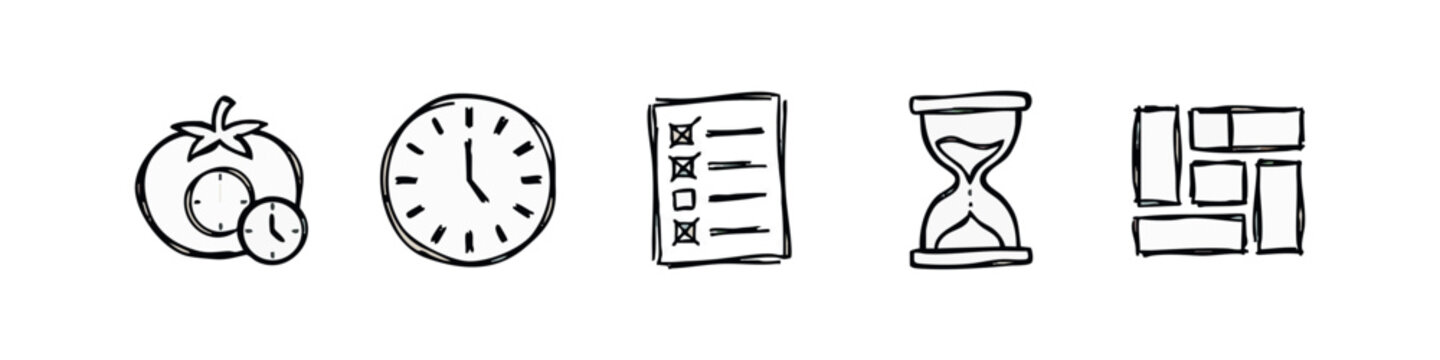 Time Management and Productivity Hand Drawn Doodle Icons