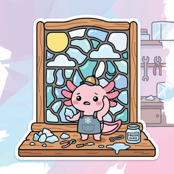 Cute Axolotl Artist Crafting Stained Glass Window.