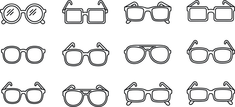 Eyeglasses Outline Icon Set with Round Square Aviator and Fashion Frames Vector Collection