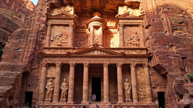View of the iconic Treasury temple in Jordan, carved into sheer rock walls, with visitors at the famous ancient historical site.