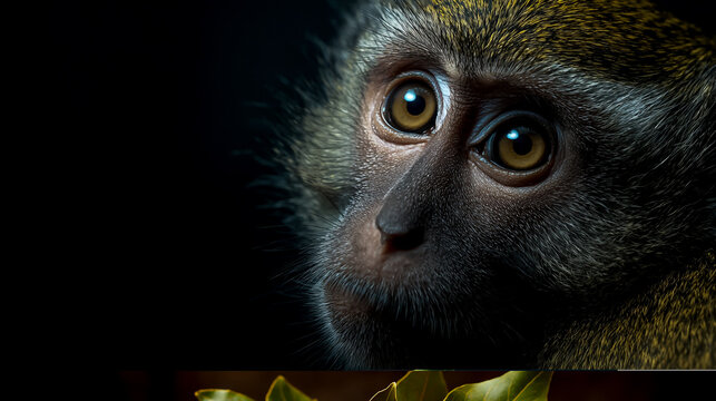 close-up portrait of curious monkey in dark lighting