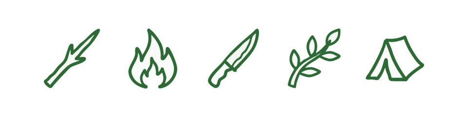 Green hand-drawn icons for outdoor survival: stick, fire, knife, leaves, and tent © liubomir118809