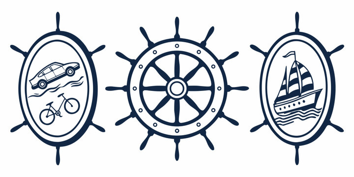 Maritime collection featuring circular steering wheel frames with sailboat car bicycle line art elements maritime nautical steering sailboat transportation collection illustration