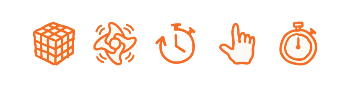 Orange hand-drawn icons related to problem-solving and time: cube, spinner, stopwatch, finger, and timer