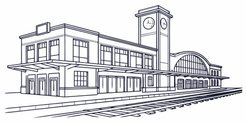 Vintage railway station building with clock tower outline drawing building architecture transportation platform terminal structure infrastructure exterior monochrome isolated illustration © Md Kazi Rahman
