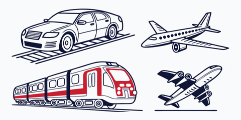 Modern transportation set including car airplane and train illustrations with transportation airplane aircraft locomotive automobile commuter illustration collection technology transport © Md Kazi Rahman