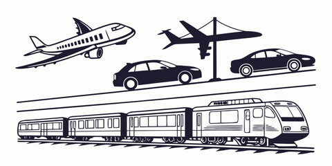 Transportation icons set with airplanes cars and train line art transport airplane transportation aviation automobile illustration mobility locomotive aircraft passenger collection © Md Kazi Rahman