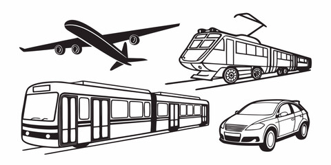 Set of transportation means icons including airplane train tram and car with transport airplane transportation mobility automobile aviation locomotive streetcar illustration collection © Md Kazi Rahman