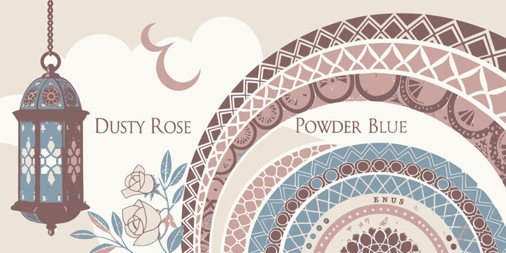 Moroccan lantern and rainbow pattern with text 'dusty rose' and 'powder blue' color palette moroccan geometric traditional cultural decoration ornamental bohemian