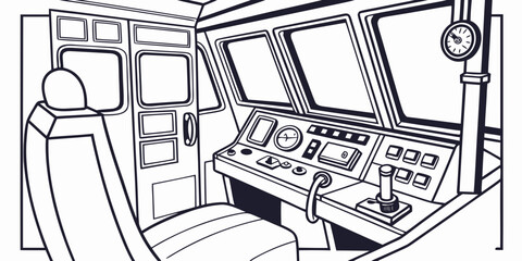 Inside view of modern train engine driver cabin with control console locomotive interior transportation steering dashboard operator technology industrial machinery illustration transport © Md Kazi Rahman
