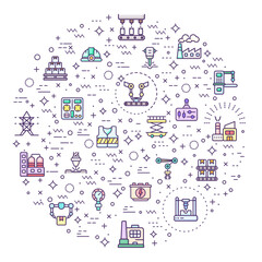 Naklejka premium Set of factory and production icons line style. It contains such Icons as industry, manufacturing, product, packaging, assembly, machine, warehouse and other elements.