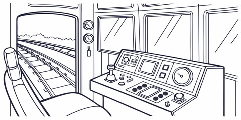 Interior view of modern train driver cabin control panel console with locomotive dashboard transportation interior technology operator machinery interface monitoring passenger commuter © Md Kazi Rahman