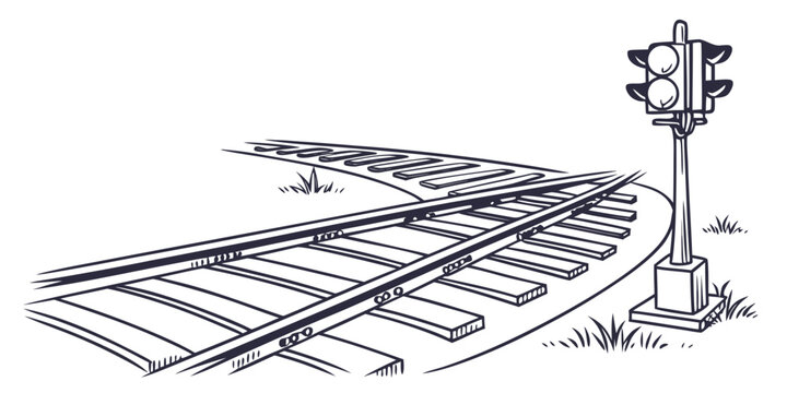 Hand drawn illustration of railway switches and a signal light post with railroad transport junction illustration infrastructure perspective technology transportation traveling industrial