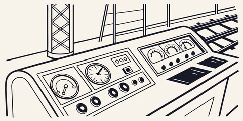 Locomotive driver control desk graphic sketch illustration with locomotive dashboard technology transportation operator equipment machinery switches industrial infrastructure engineering © Md Kazi Rahman