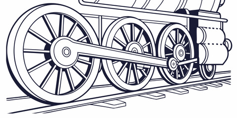 Detailed side profile graphic of steam locomotive wheels on tracks with railway tracks rail track rail road train engine locomotive railroad transportation machinery mechanical engineering © Md Kazi Rahman
