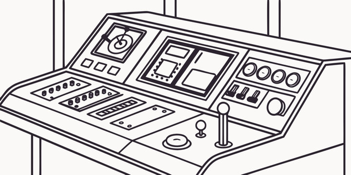 Subway train command console outline graphic illustration with dashboard technology operator equipment machinery switches industrial infrastructure engineering transportation railroad