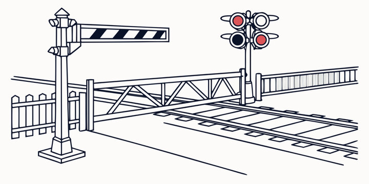 Railway crossing signal and barrier gate line art with crossing transportation railroad illustration infrastructure elements stoplight transport technical monochrome industry technology