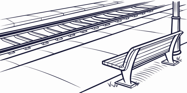 Empty bench at a train station platform line art with platform transportation railroad illustration infrastructure perspective transport landscape monochrome