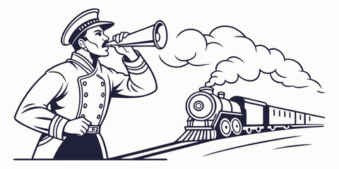 Vintage railway conductor signaling incoming steam train illustration with conductor railroad signaling announcement locomotive transportation profession megaphone traveling shipping © Md Kazi Rahman
