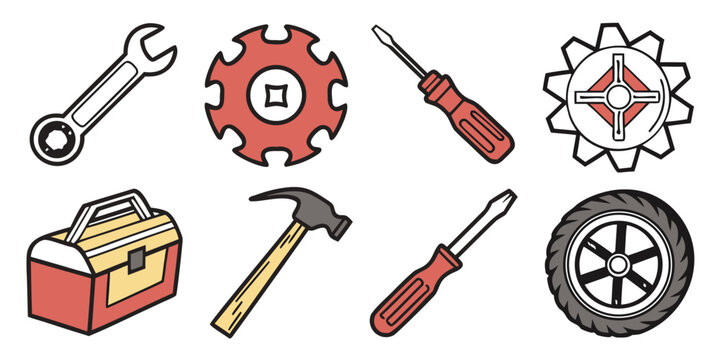 Hand tools and mechanical gear icons for construction repair with screwdriver construction mechanical workshop maintenance hardware industrial carpentry building engineering mechanic