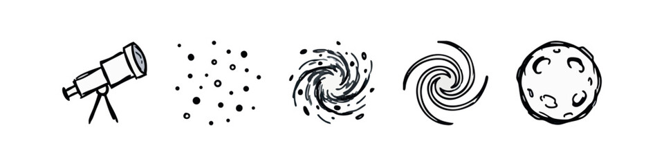 Sketchy Space Icons Set featuring Telescope Galaxy Stars and Moon Hand Drawn Illustrations © liubomir118809