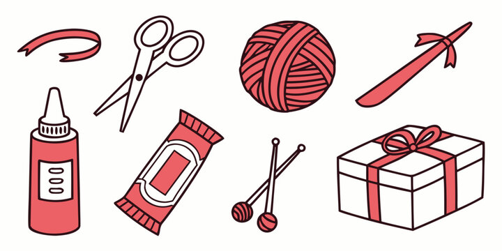 Creative project items including glue scissors yarn ball ribbon gift knitting needles with supplies scissors knitting creative handmade decoration packaging illustration collection materials