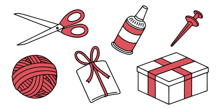 Stationery and crafting materials icons including scissors ball of yarn gift box glue push pin with supplies stationery scissors creative handmade decoration knitting packaging illustration