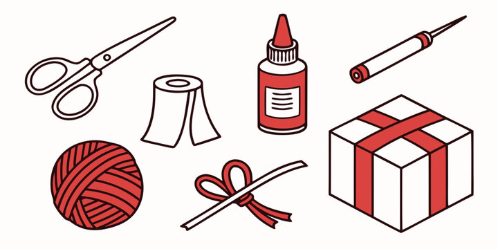 Handmade crafts and gift packaging kit with scissors glue yarn tape wrapped box supplies scissors creative handmade decoration packaging illustration collection materials colorful hobbyist