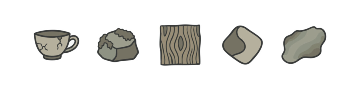 Earthy Tones Colored Icon Set with Cup Stone Wood Texture and Abstract Shapes