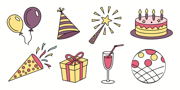 Festive party and birthday celebration element set with cake gift balloons and party favors birthday celebration illustration collection surprise decoration anniversary colorful gathering