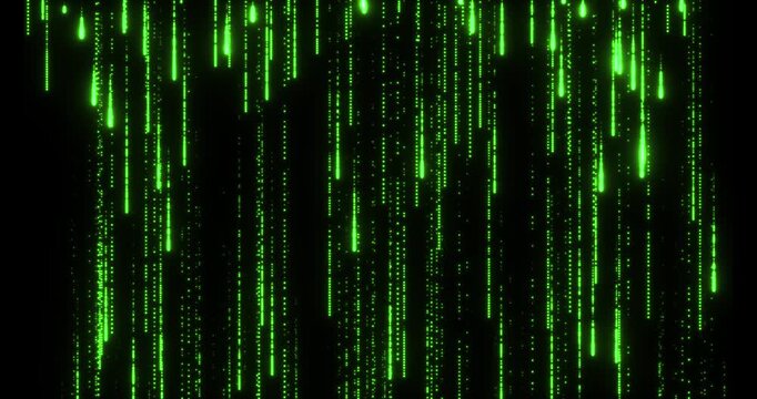 Endless streams of luminous particles continuously fall down, creating a futuristic rain effect in the digital space. The rhythmic movement of vertical lines forms a dynamic background, ideal for high