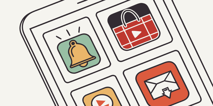 Smartphone screen showcasing social media and digital app service icons in a minimalist graphic style with smartphone application interface technology illustration shopping notifications