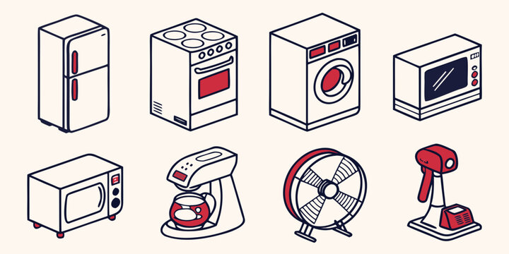 Set of isometric kitchen appliances and household electronics icons with washing machine coffee maker appliance household refrigerator microwave isometric equipment electronics technology