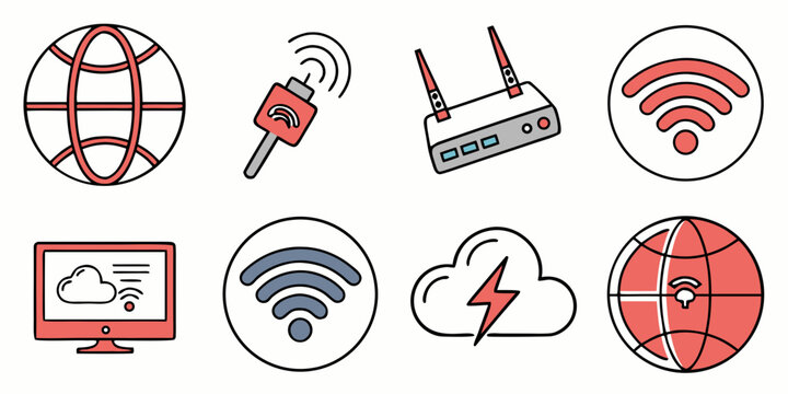 Global internet communication and network connectivity icons with cloud computing internet connection computer wireless communication technology transmission broadcast information lightning
