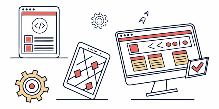 Web development and coding interface elements for modern software applications with development software interface programming application technology computer internet business illustration