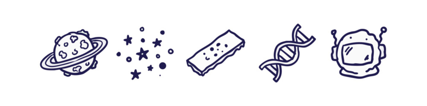 Space and Science Hand Drawn Icons Featuring Planet Stars DNA and Astronaut Helmet