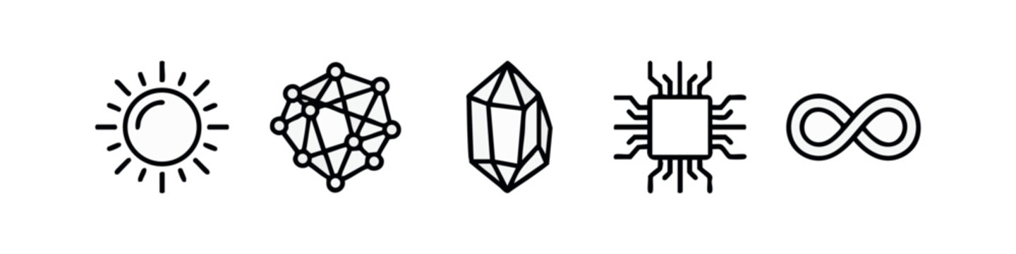 Minimalist black line icons of sun, network, geometric crystal, processor chip, and infinity symbol